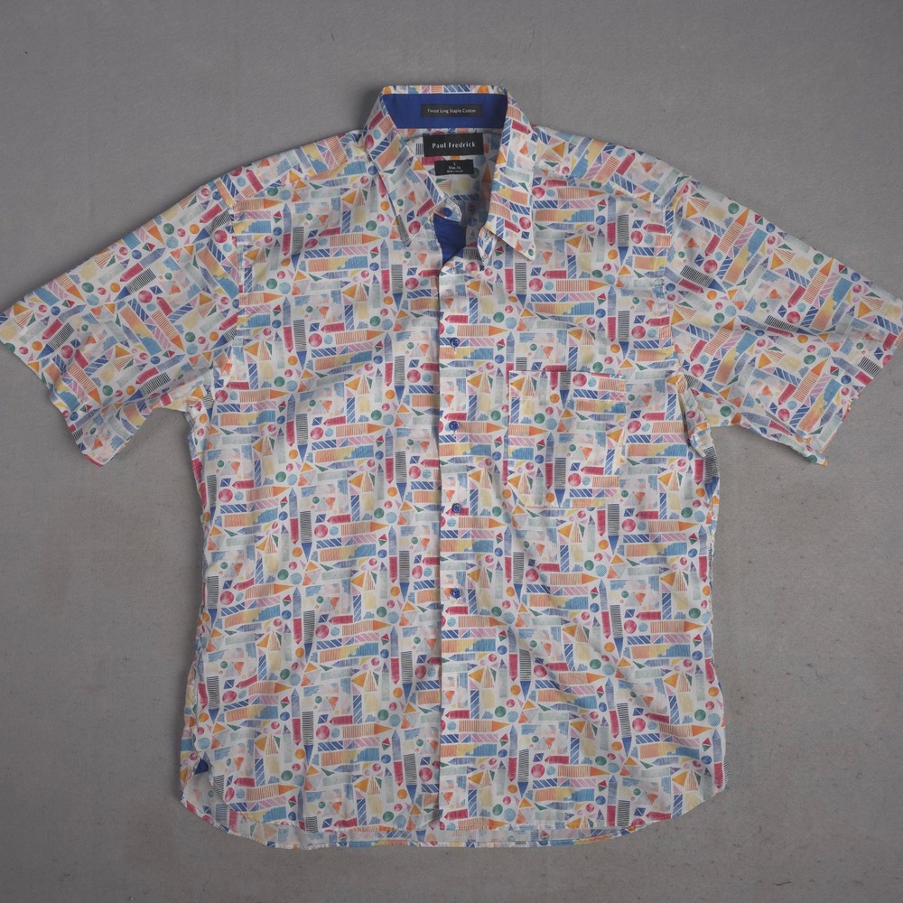 Paul Fredrick Mens L Slim Fit Short Sleeve Colorful Geometric Print Shirt